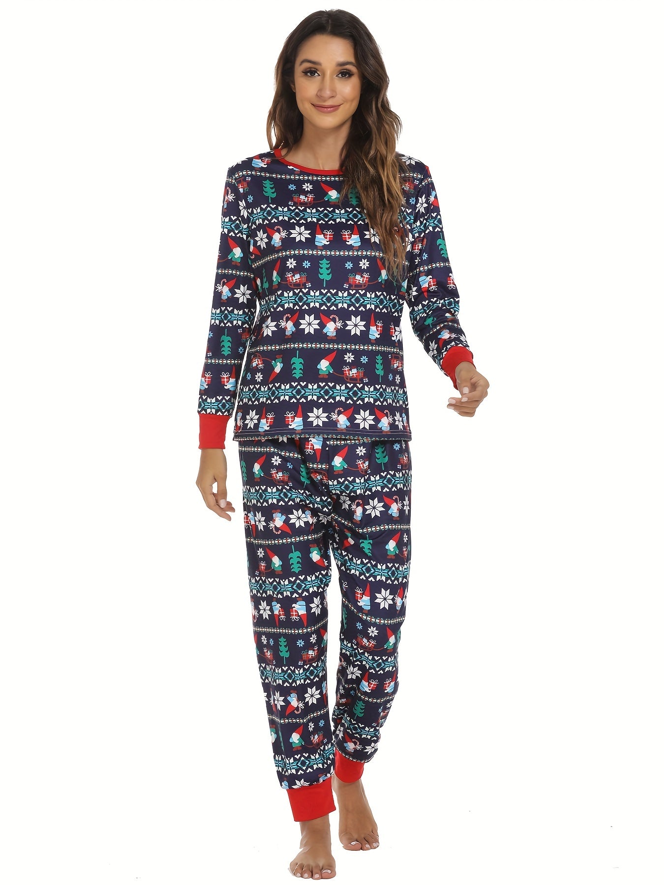 Christmas Print Lounge Set Long Sleeve Top & Pants Women's Loungewear