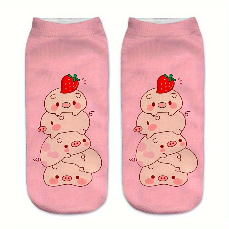 4 Pairs Pig Print Low Cut Ankle Socks Women's Stockings & Hosiery