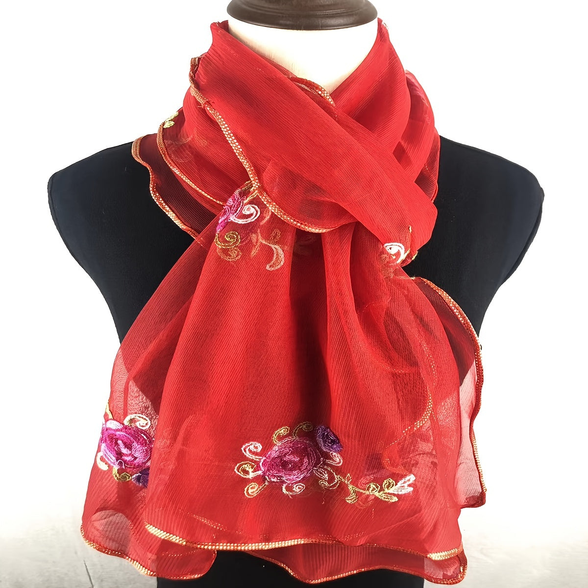 Red Embroidery Thin Lace Scarf Women Comfortable & Breathable Shawl