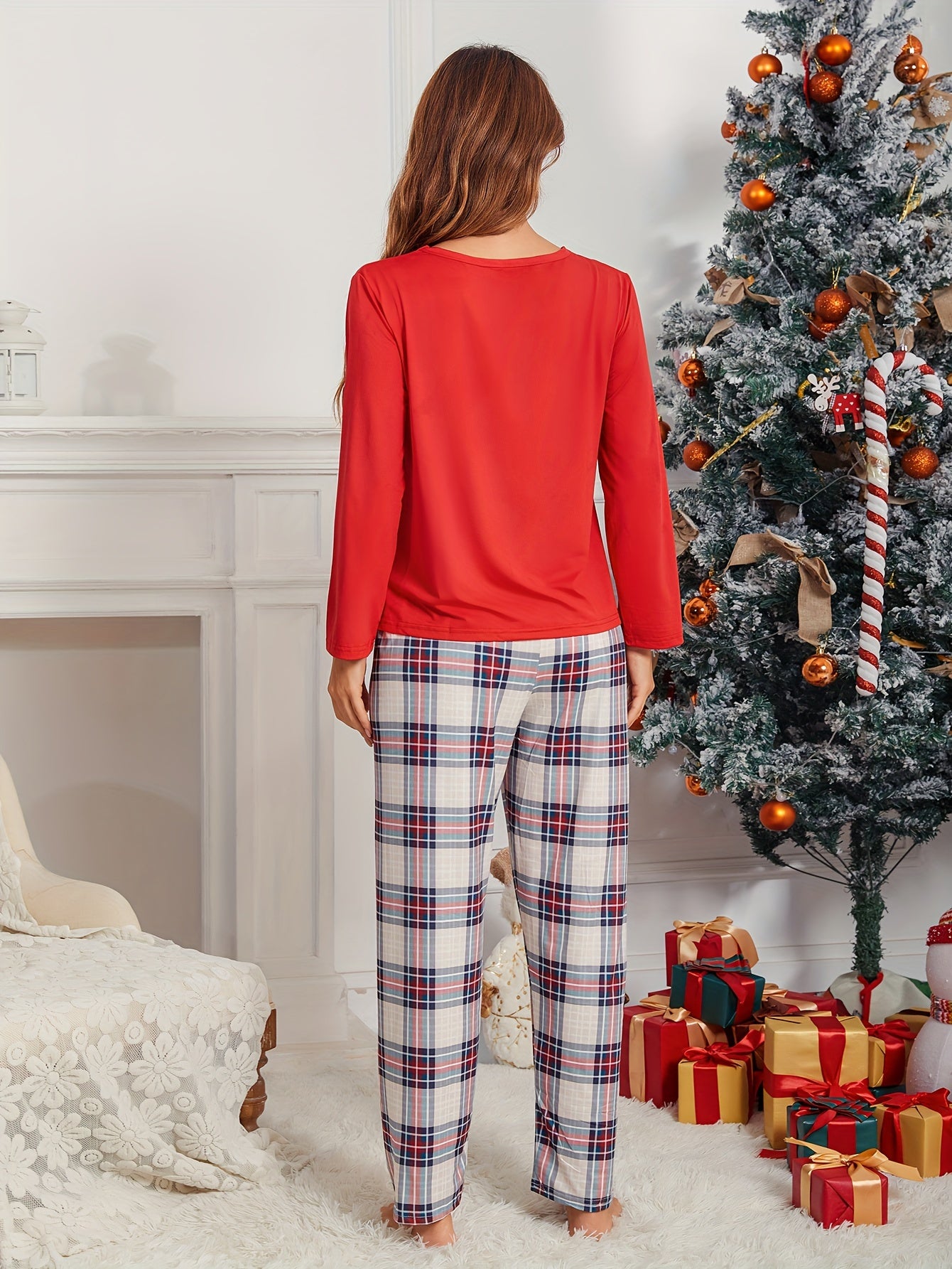 Christmas Print Pajama Set Long Sleeve Top & Plaid Pants Women's Sleepwear