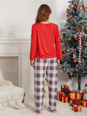 Christmas Print Pajama Set Long Sleeve Top & Plaid Pants Women's Sleepwear