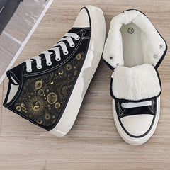Mysterious Planet Print Plush Lined Thermal Chunky Canvas Sneakers
