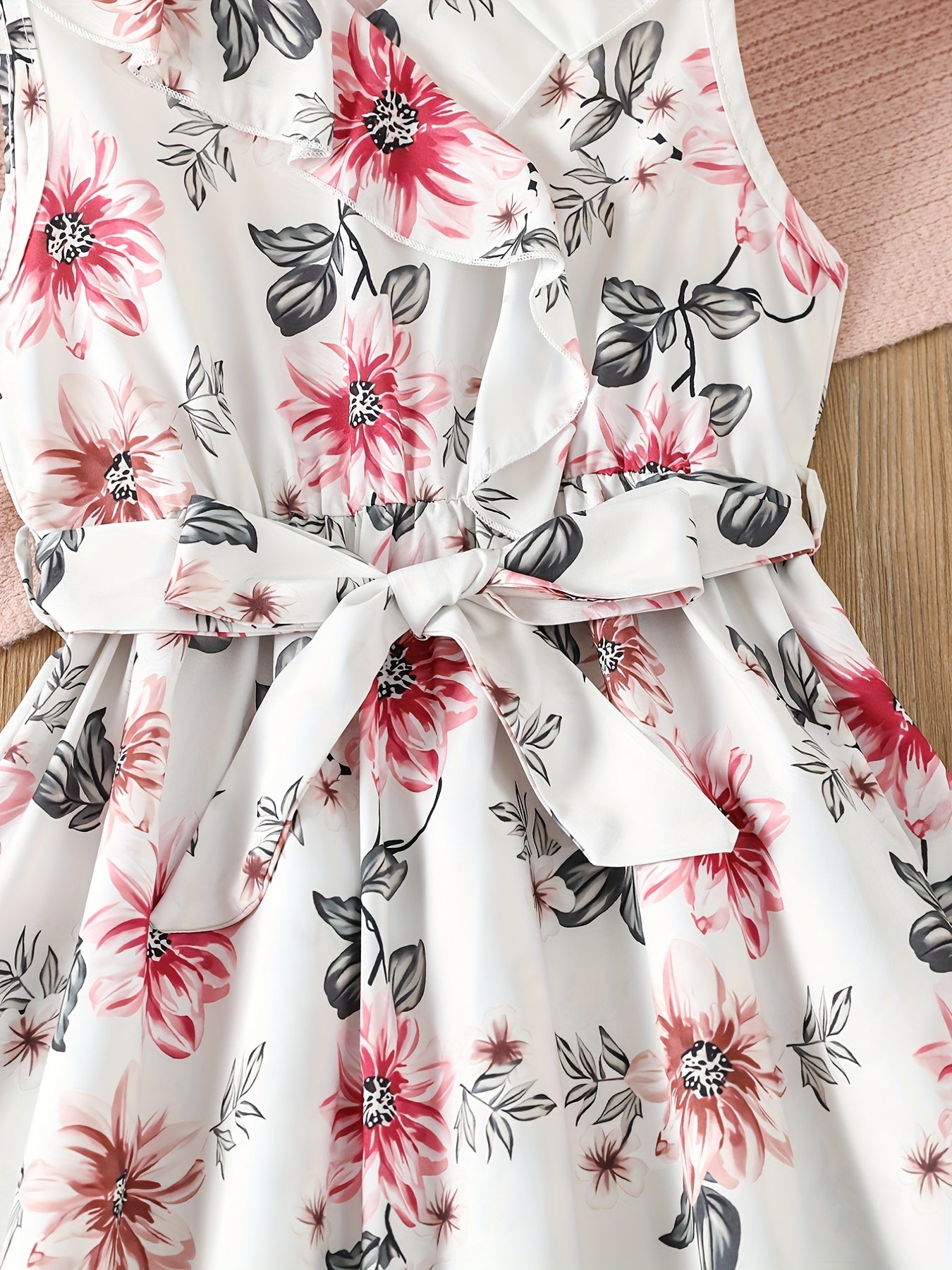 Girls Sleeveless Ruffle Trim Flowers Graphic Belted Princess Dress