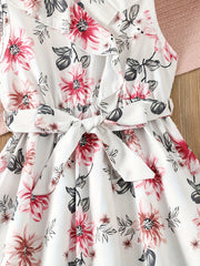 Girls Sleeveless Ruffle Trim Flowers Graphic Belted Princess Dress