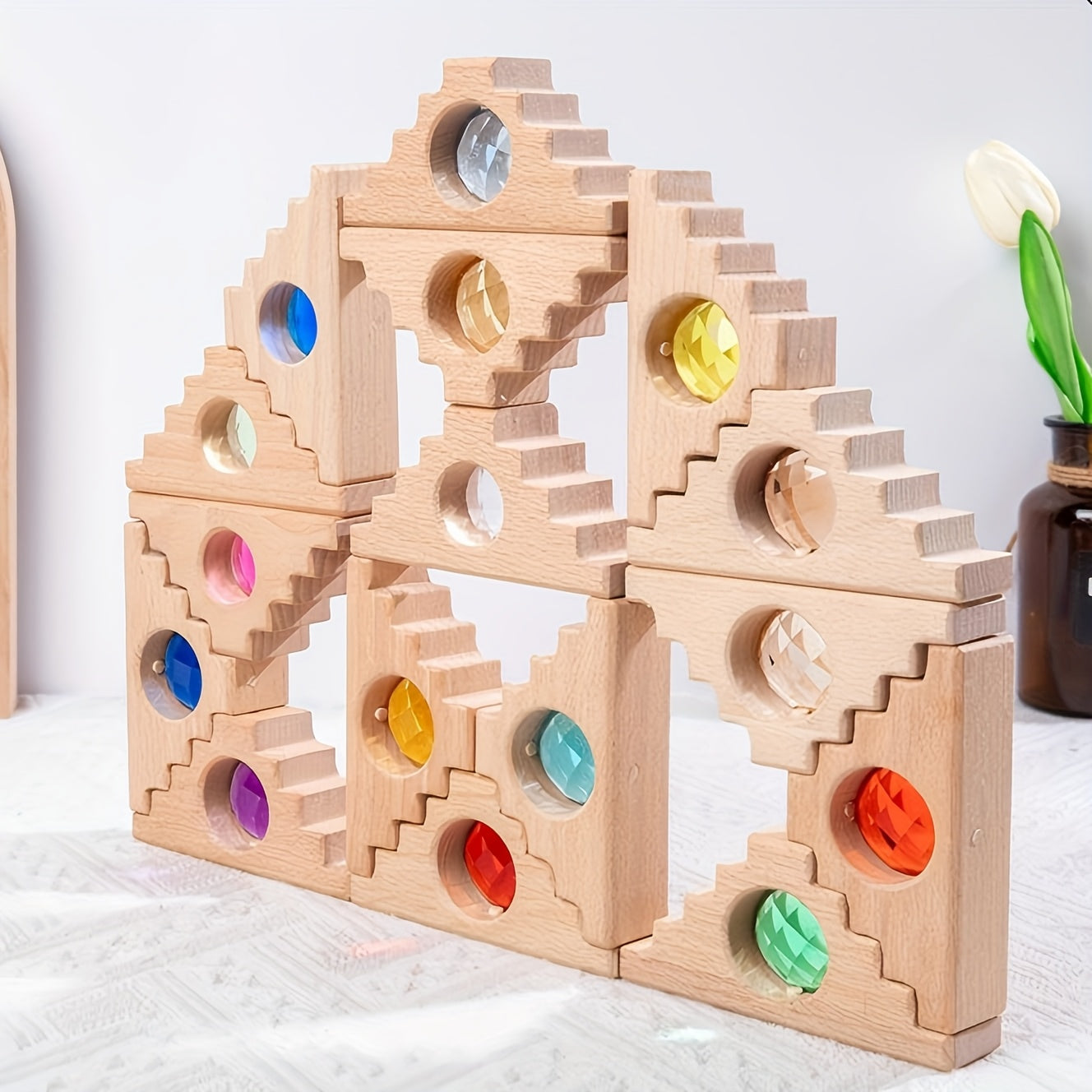 Wooden Stacking Toys with Acrylic Gemstones for Ages 3-6