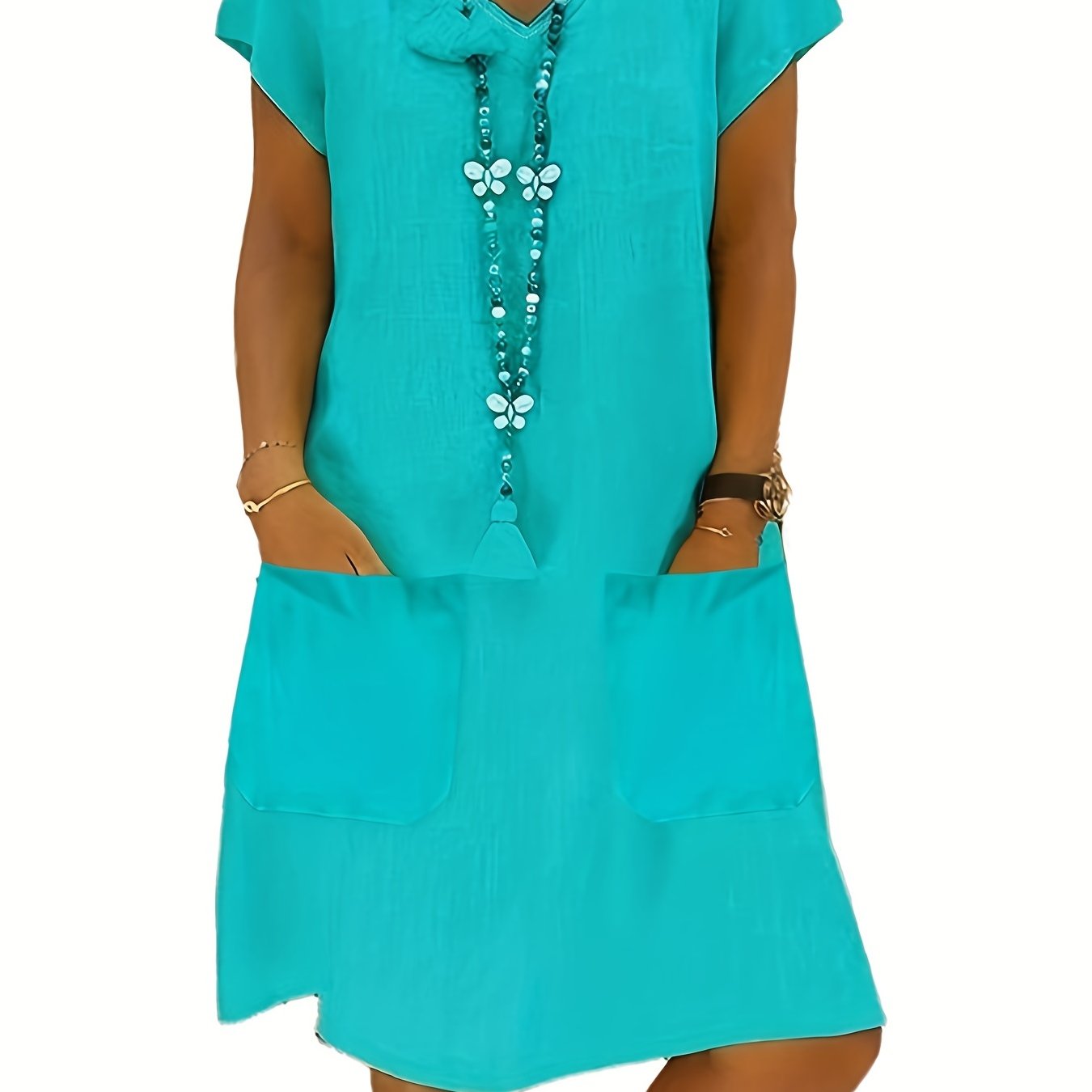 Casual Dress Women's Plus V Neck Short Sleeve Dress With Pockets