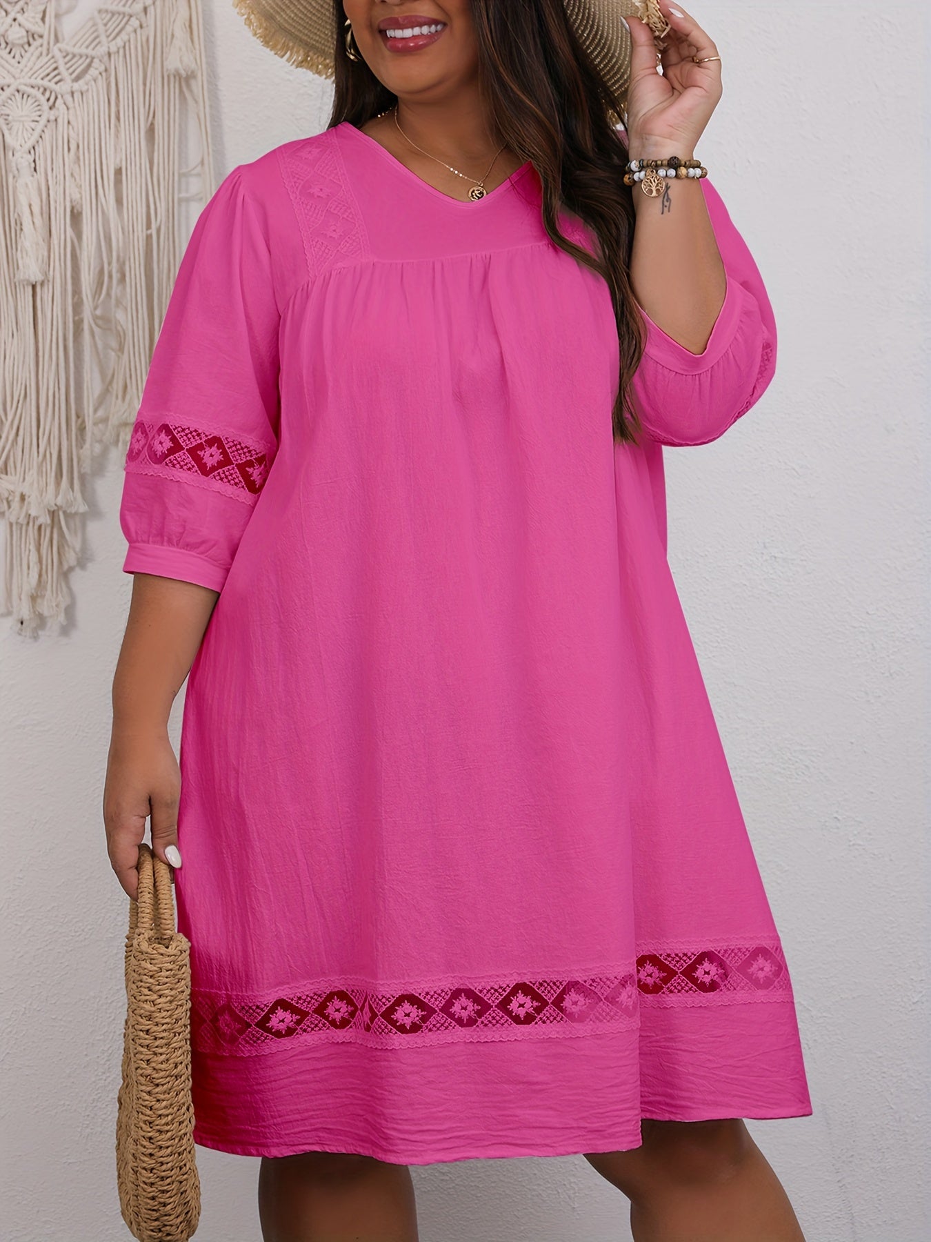 Casual Dress Women's Plus Solid Lace Panel Sleeve Loose Dress