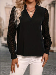Casual Blouse Women's Plus Solid Striped Long Sleeve Notched Neck Top