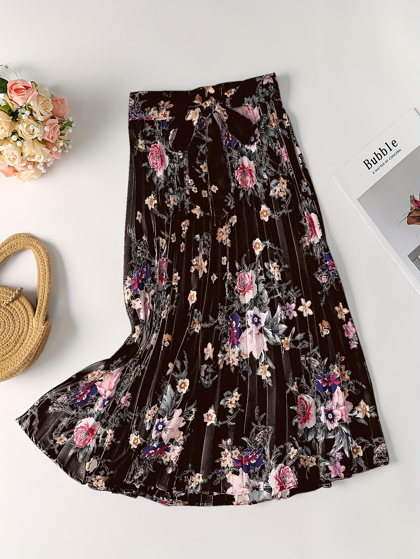 Vintage Floral Print Skirts Pleated Tie Waist Daily Skirts Women's Clothing