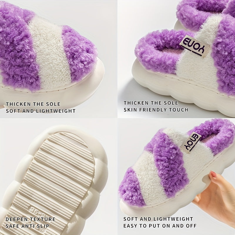 Colorblock Plush Cloud Slippers Closed Toe Platform Winter Warm Home Slippers