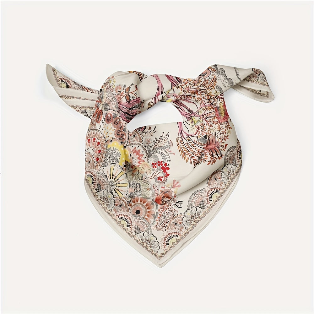 Vintage Tree Print Bandana Beige Square Scarf Boho Satin Neckerchief