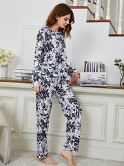 Floral Print Pajama Set Long Sleeve Crew Neck Top & Elastic Waistband Pants