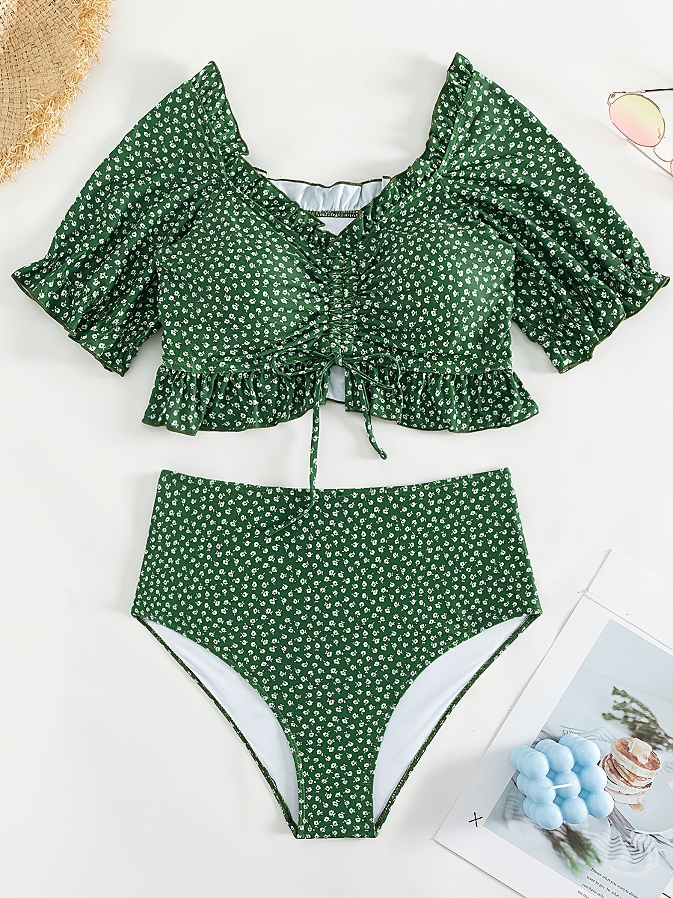 Ruffle Knot Front Bikini Set Medium Stretch Polka Dot Bathing Suit