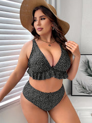 Ditsy Print V Neck Ruffle Trim Bikini Set