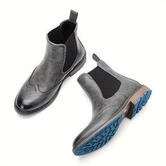 Men's Brogue Slip On Chelsea Boots Round Toe Ankle Boots