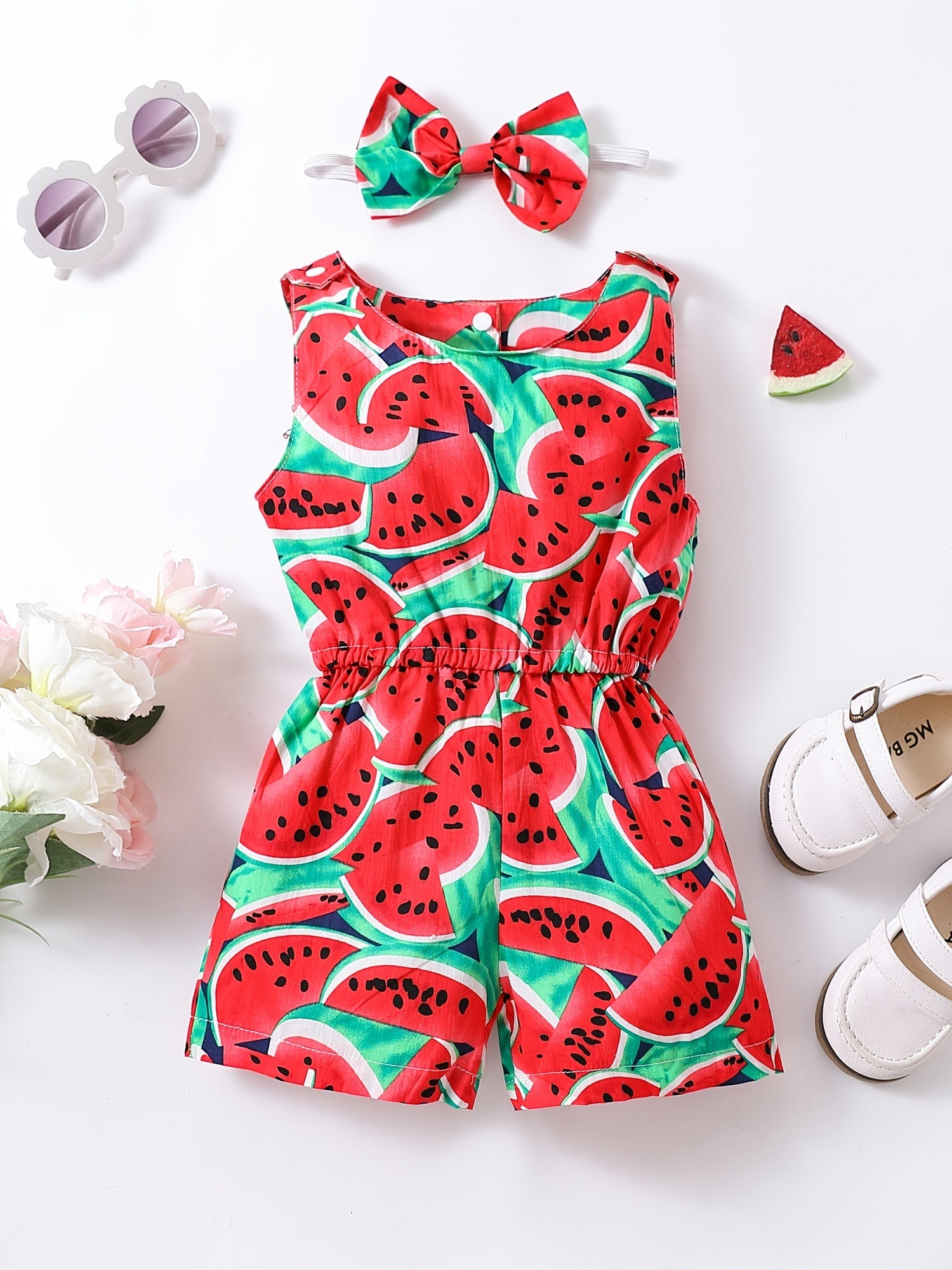 Toddler Girls Watermelon Print Romper Headband Summer Clothes