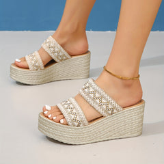 Boho Style Platform Wedge Sandals, Open Toe Slip On Shoes