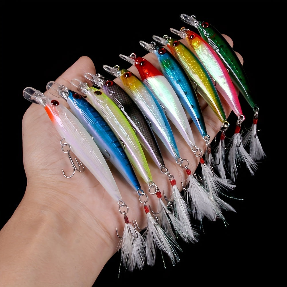 10pcs Larser Minnow Fishing Lures Set Feather Hook Bass Artificial Bait
