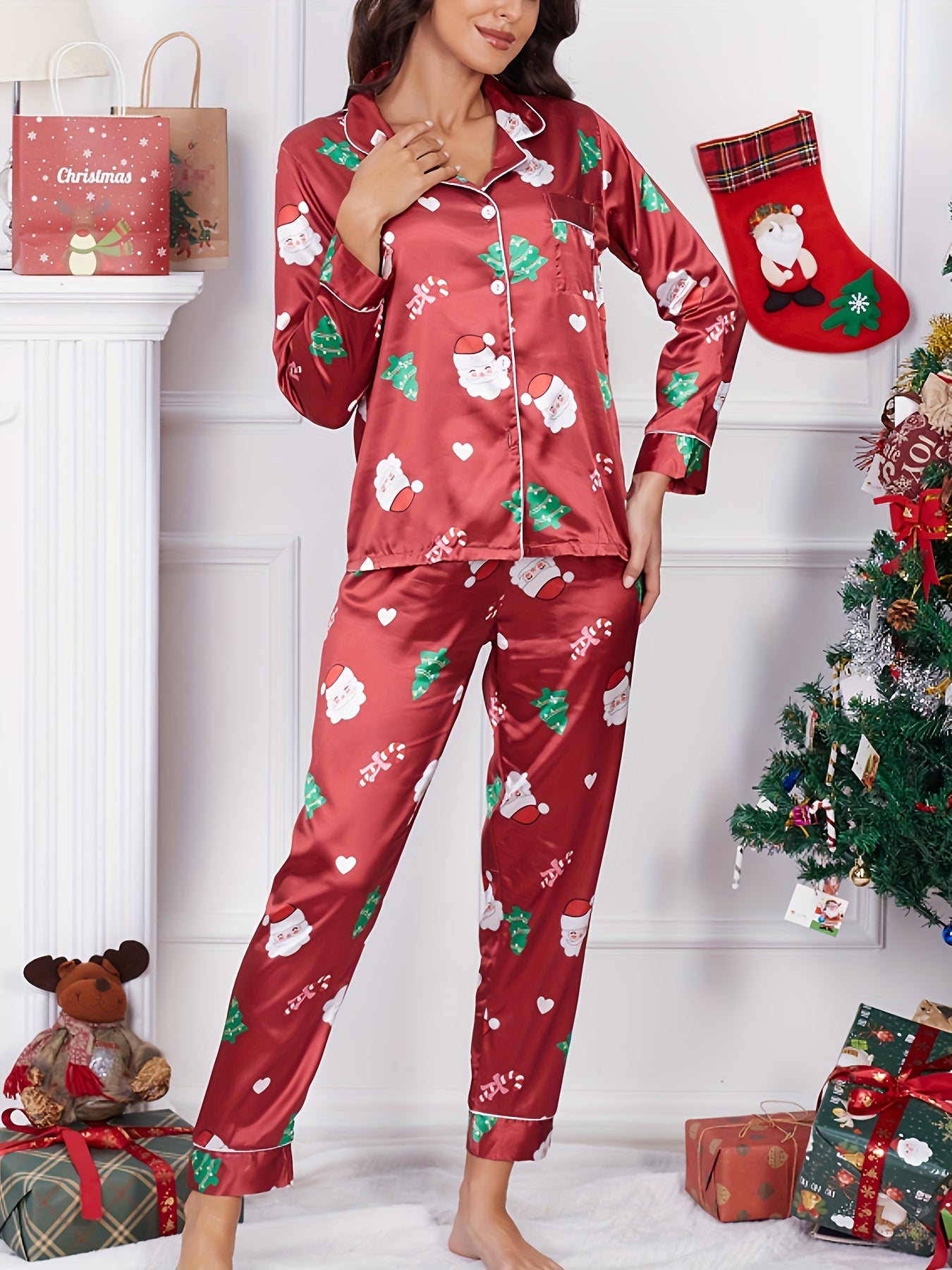 Santa Claus Print Pajama Set Long Sleeve Top & Elastic Waistband Pants