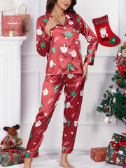 Santa Claus Print Pajama Set Long Sleeve Top & Elastic Waistband Pants
