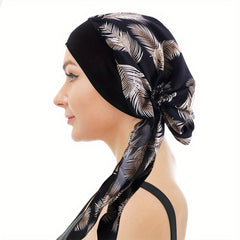 Leaf Print Head Scarf Hat Hair Turban Cap Elastic Night Cap Women