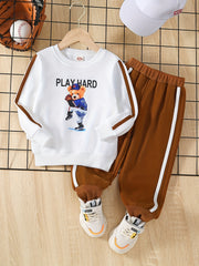 Boys Bear Print Sweatshirt & Pants Set for Spring/Autumn