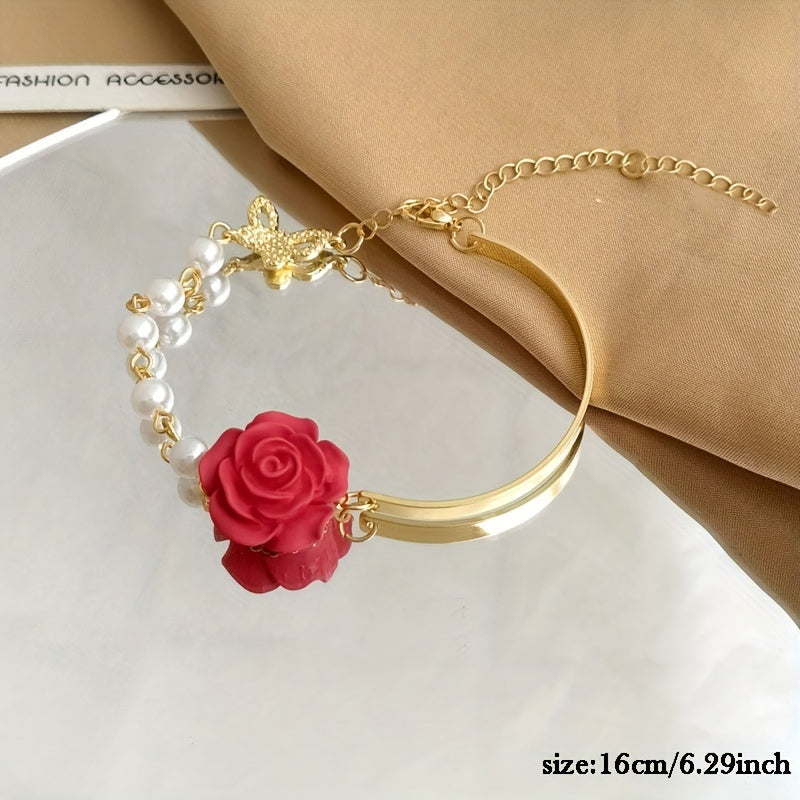 Red Rose & Pearl Flower Bracelet French Niche Sense Bow Hand Jewelry
