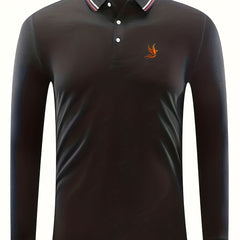 Bird Print Men's Casual Button Up Long Sleeve Polo Shirt