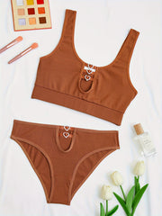 Ribbed Lingerie Set Wide Straps Bra & Heart Ring Panties