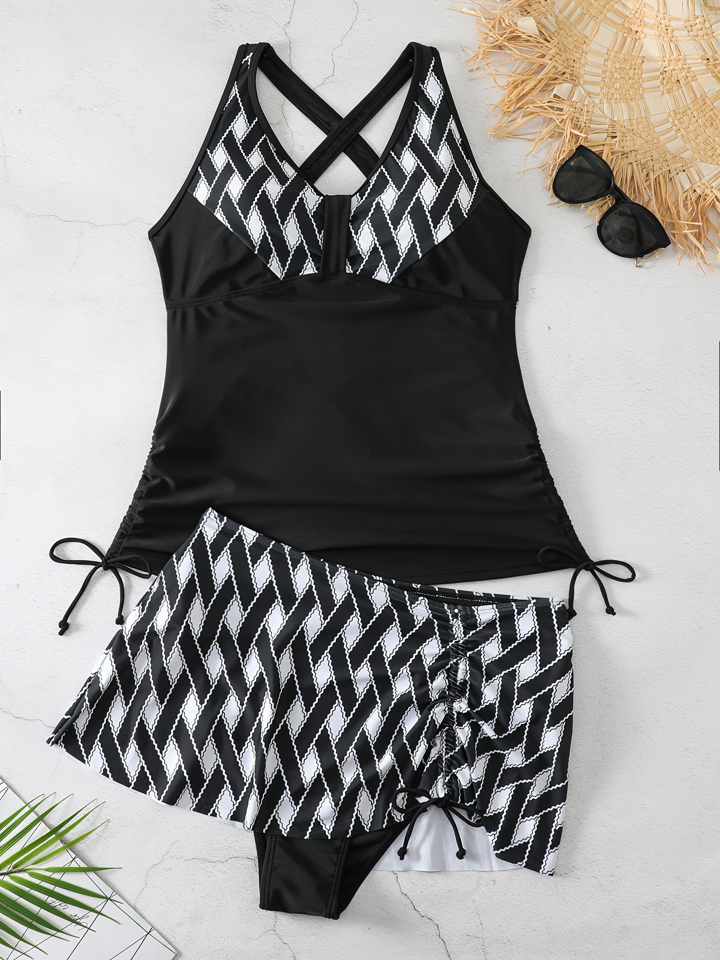 Retro Tankini Set Women's Plus Graphic Print V Neck Side Lace Up Ruche