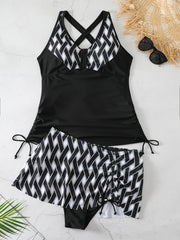 Retro Tankini Set Women's Plus Graphic Print V Neck Side Lace Up Ruche