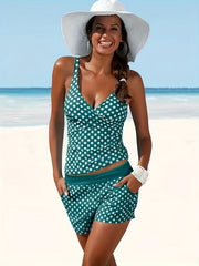 Polka Dot Two Piece Swimsuit V Neck Boxer Short Bottom Bathing Suit