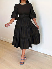 Ruched Puff Sleeve High Waist Dress Women's Clothing