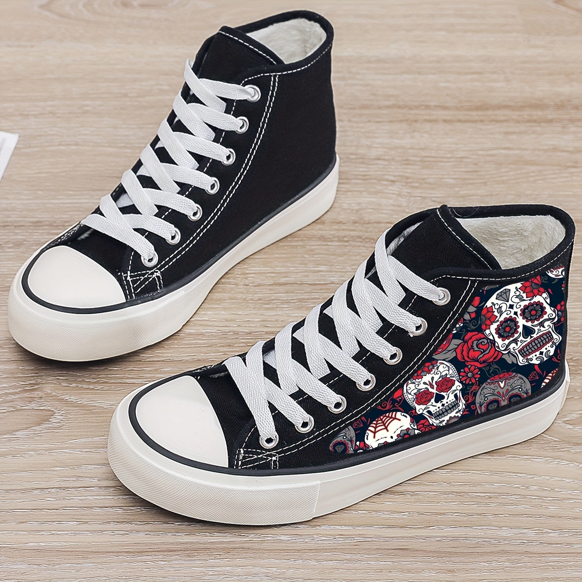 Skull Print Plush Lined High Top Canvas Sneakers