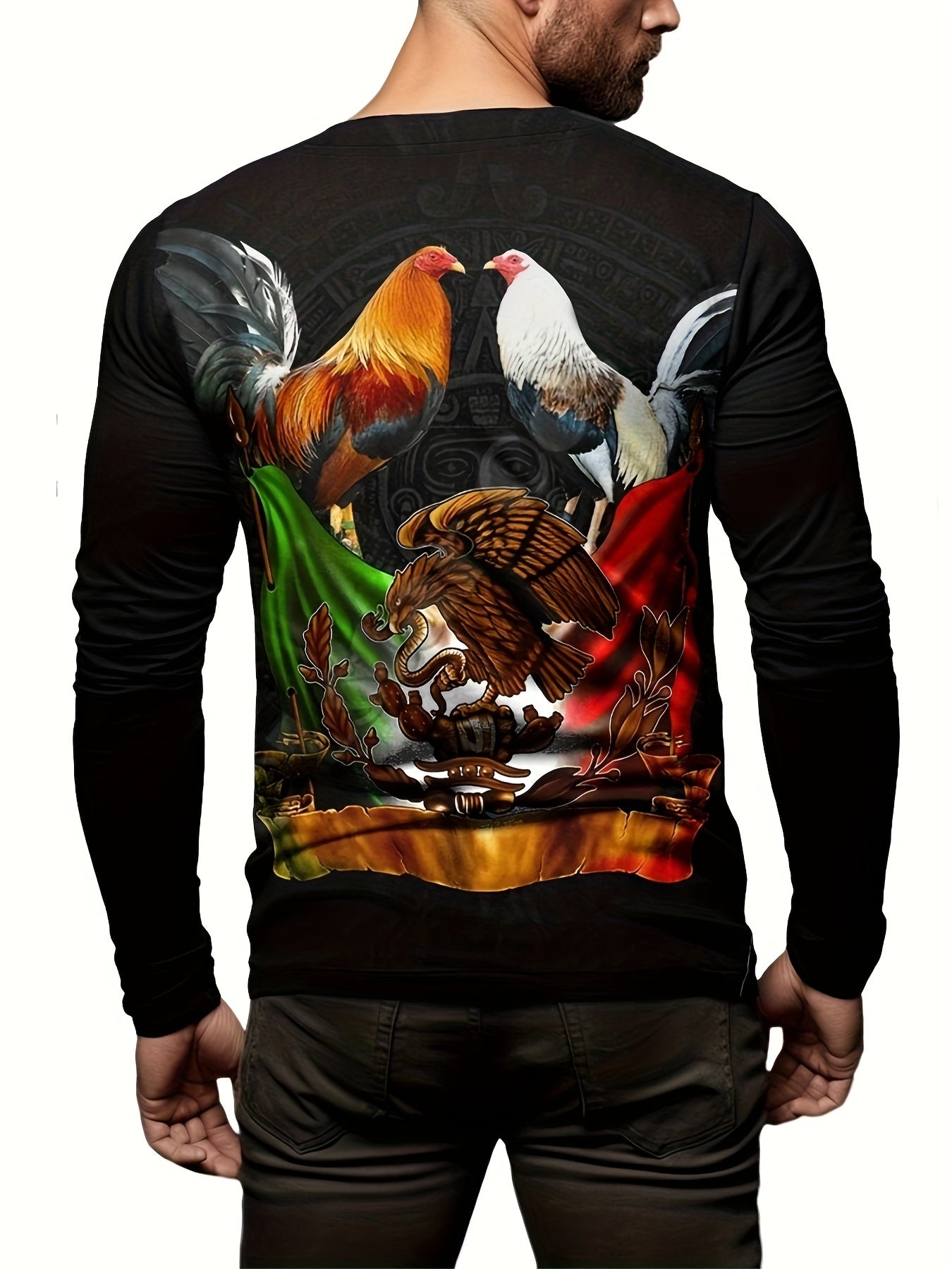 Rooster And Eagle Print Men's Long Sleeve T-shirt for Autumn
