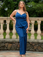 Sexy Jumpsuit Solid V Neck Ruched Wide Leg Cami Jumpsuit