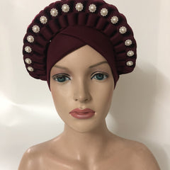 Boho Rhinestone Faux Pearl Head Wrap Cap Vintage Hijab Hat
