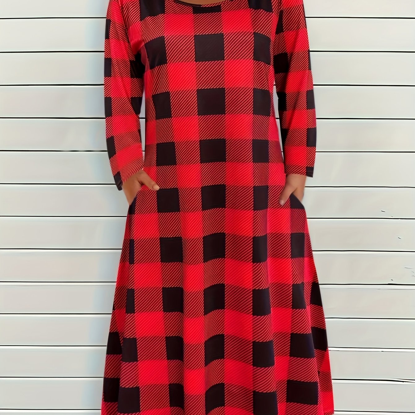 Women's Plus Gingham Print Long Sleeve Dress w/ Pockets