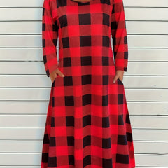 Women's Plus Gingham Print Long Sleeve Dress w/ Pockets