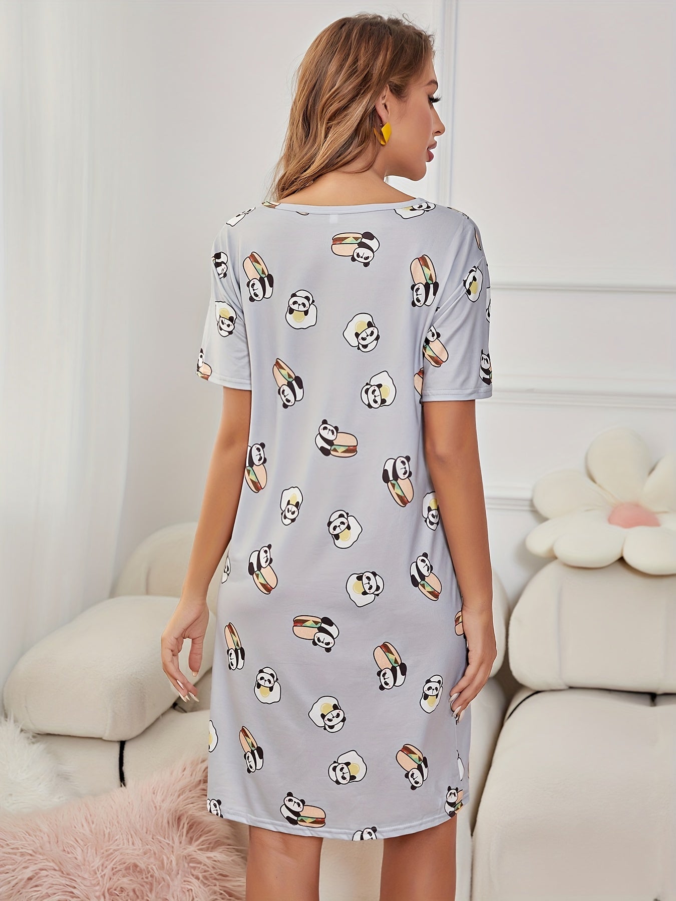 Panda Print Nightdress Crew Neck Short Sleeve Sleep Dress Women's Sleepwear
