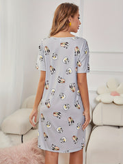Panda Print Nightdress Crew Neck Short Sleeve Sleep Dress Women's Sleepwear