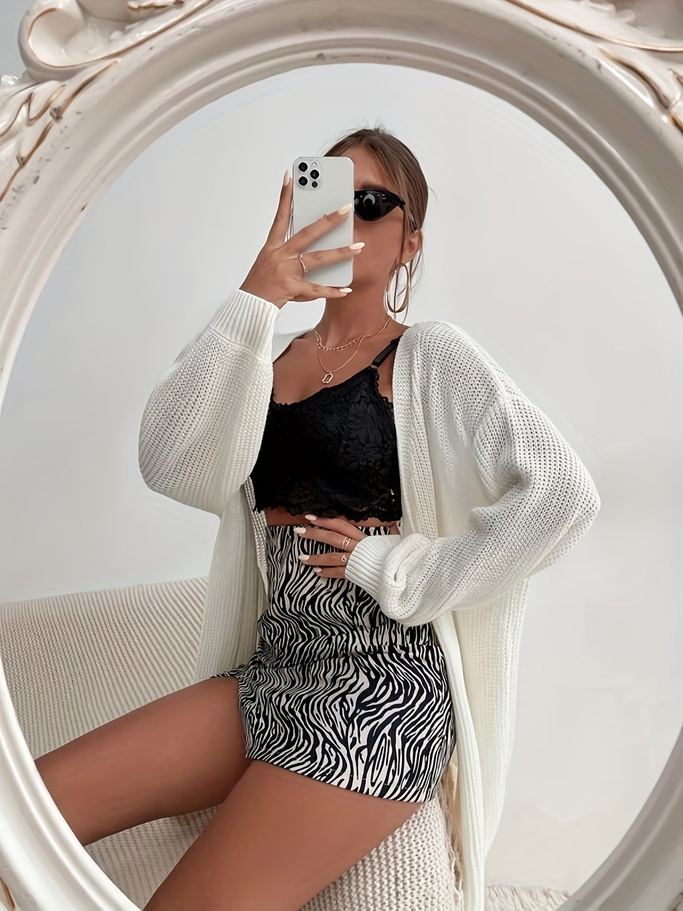 Plus Size Solid Ribbed Lantern Sleeve Open Front Knit Cardigan