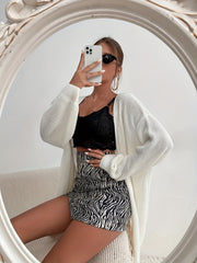 Plus Size Solid Ribbed Lantern Sleeve Open Front Knit Cardigan