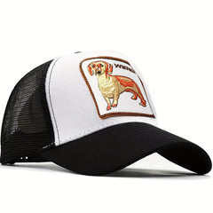 Adjustable Mesh Cap Dog Pattern Square Patch Baseball Cap Drivers Hat