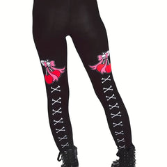 Cherry & Skull Print Skinny Leggings Casual Stretchy Leggings