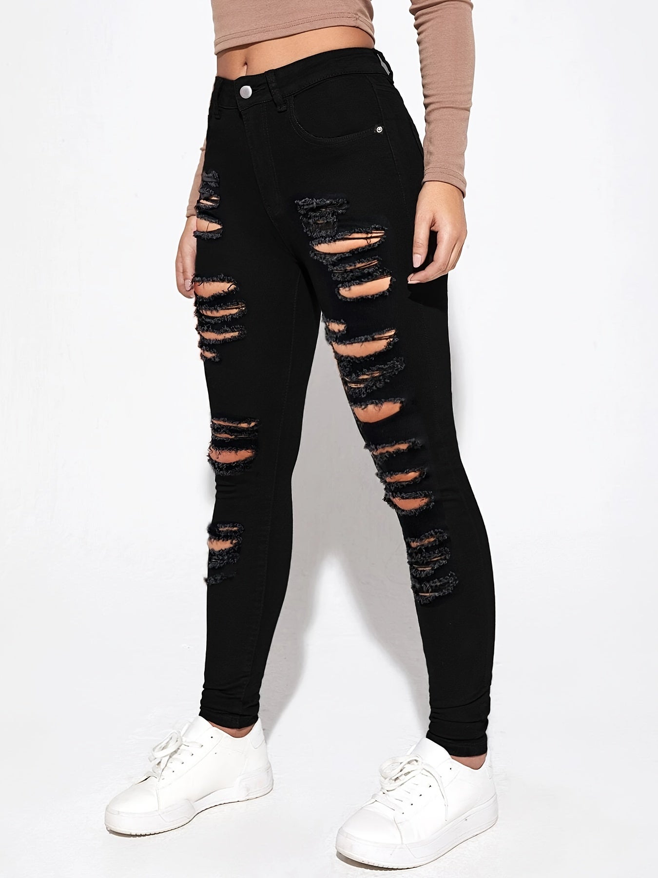 High Waist Distressed Skinny Jeans Ripped Holes Slim Fit Denim Pants