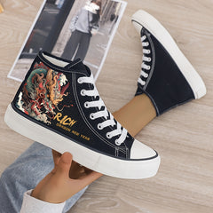 Dragon Print Plush Lined Chunky Canvas Sneakers