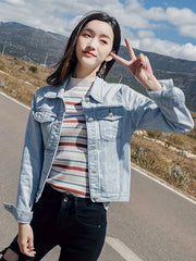 Long Sleeves Denim Jackets Mid Stretch Flap Pockets Single Breasted