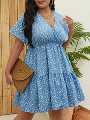 Heart Print Ruffle Sleeve V Neck Dress