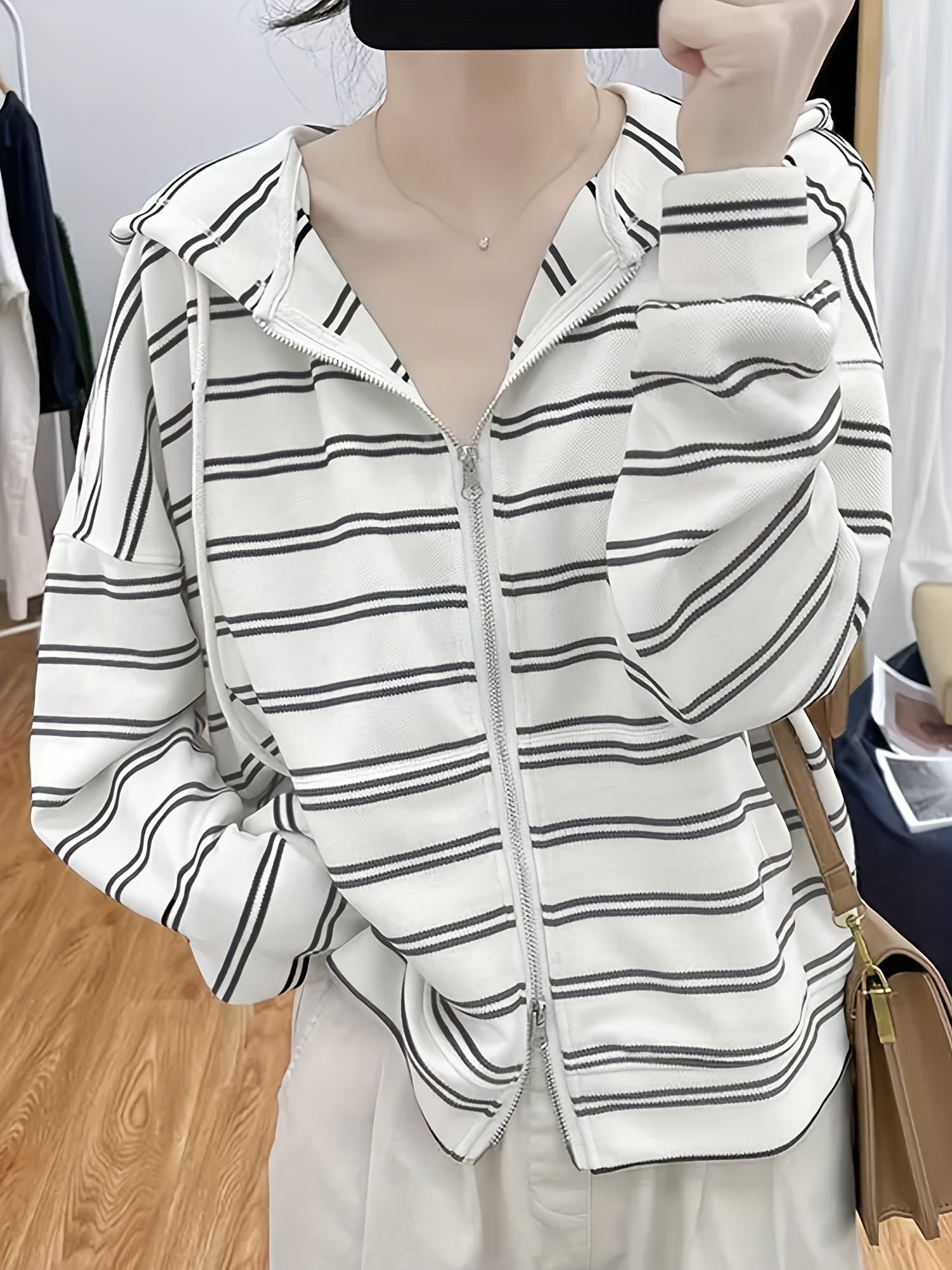 Striped Hoodie Print Zip Up Sweatshirt Spring & Fall Women's Clothing